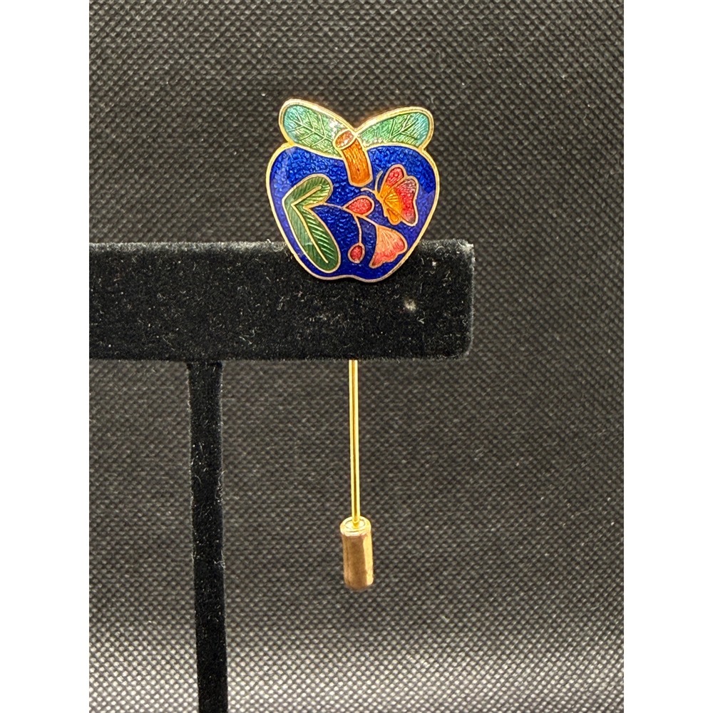 Vintage Cloisonne Enamel Blue Apple Floral Stick Pin Gold Tone Lapel Hat Pin